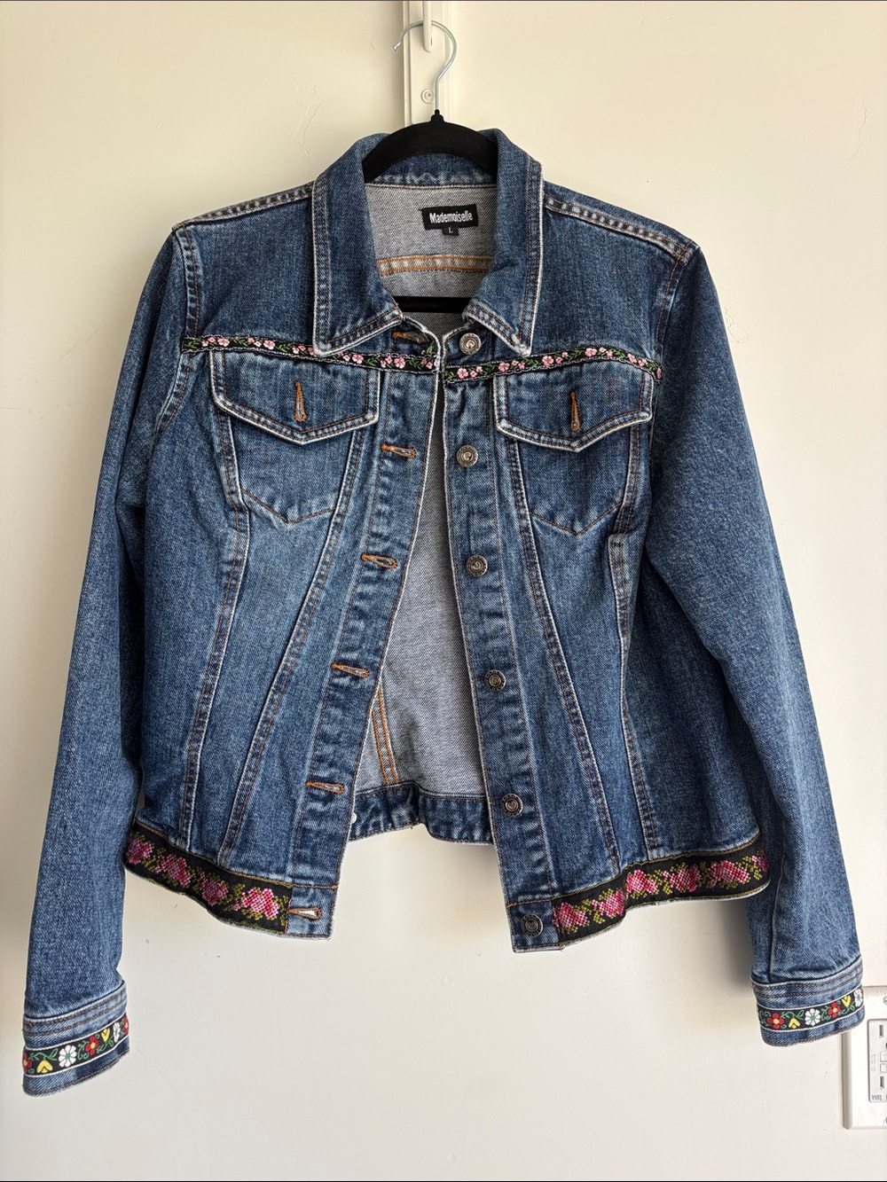 Madewell Dark Blue Denim Jacket with Pink Floral Trim